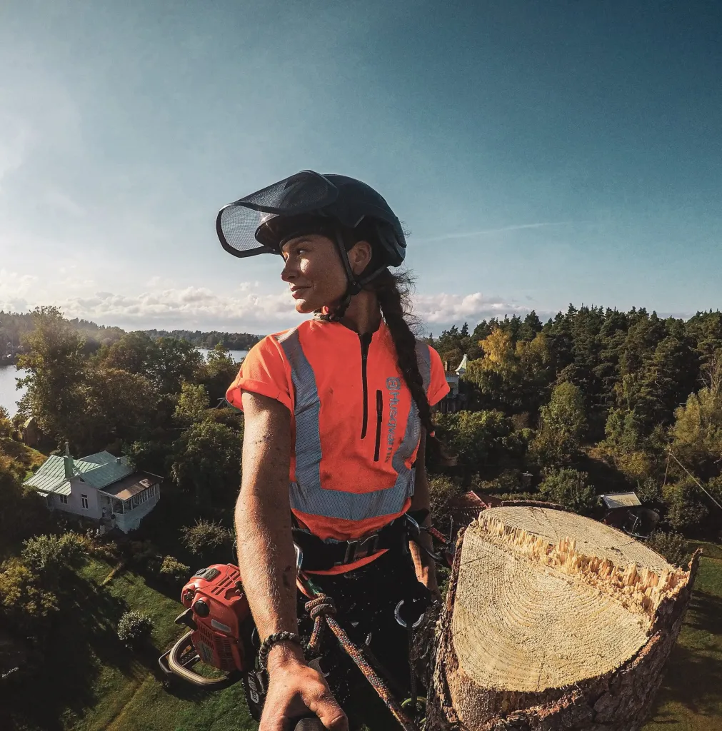 Kvinnlig arborist högt uppe vid toppkapad stam med sjöutsikt, uppdrag åt Malou von Sivers